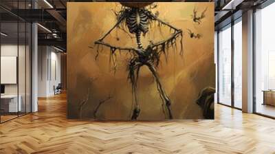 Skeleton with pumpkin head in eerie Halloween scene. Wall mural