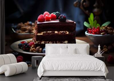 Slice of chocolate cake with raspberries on black background promotional commercial photo
 Wall mural