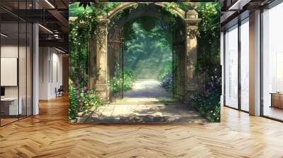 A welcoming garden gate beneath a floral archway leads to a sunlit path embraced by an array of stunning flowers and foliage. Wall mural