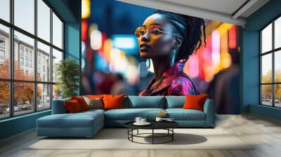 African American woman female with afro hair on city street background. Outdoor urban portrait of beautiful African woman.. Wall mural