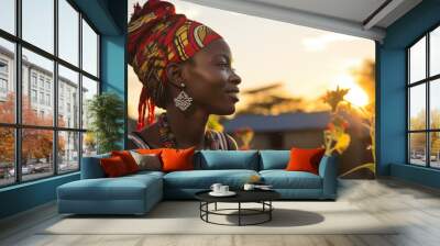 African woman wearing traditional national clothing and head wrapper. Black History Month concept. Black beautiful lady close-up portrait dressed in colourful cloth and jewellery. . Wall mural