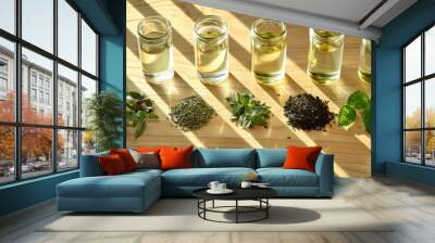 An array of glass jars with various teas and fresh herbs in bright natural light, illustrating the process of infusing oils with herbal goodness. Wall mural