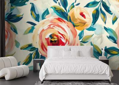 Elegant Floral Pattern with Stylized Roses and Leaves Design Wall mural