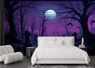 Graveyard In The Spooky Night. Spooky Cemetery With Moon In Cloudy Sky. AI illustration. Halloween Backdrop. Wall mural