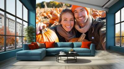 Happy Couple Enjoying Autumn Pumpkin Patch Visit Wall mural