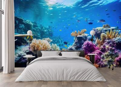 Ocean coral reef underwater. Sea world under water background. Beautiful view of sea life. Ecosystem. AI photography.. Wall mural