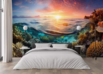 Ocean coral reef underwater. Sea world under water background. Beautiful view of sea life. Ecosystem. AI photography.. Wall mural