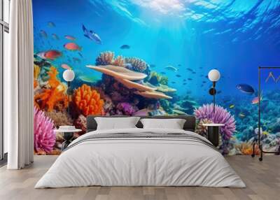 Ocean coral reef underwater. Sea world under water background. Beautiful view of sea life. Ecosystem. AI photography.. Wall mural