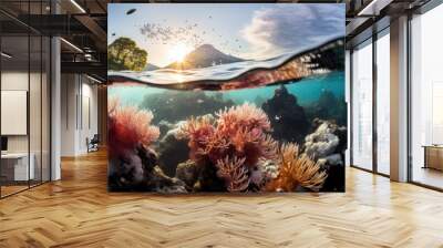 Ocean coral reef underwater. Sea world under water background. Beautiful view of sea life. Ecosystem. AI photography.. Wall mural