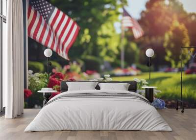 Patriotic Display of American Flags and Flowers in Park Wall mural