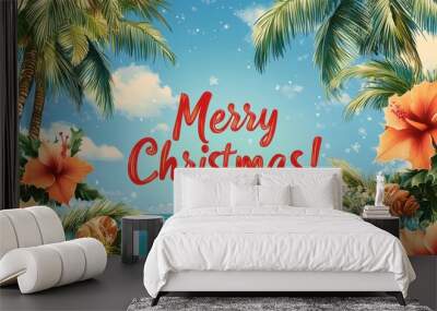 Tropical Christmas Greeting with Hibiscus and Palm Trees Over Ocean Wall mural