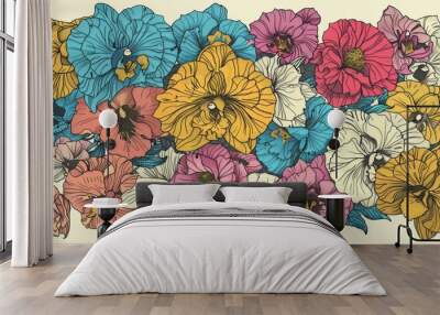 Vibrant Hand-Drawn Botanical Illustration of Blooming Flowers Wall mural