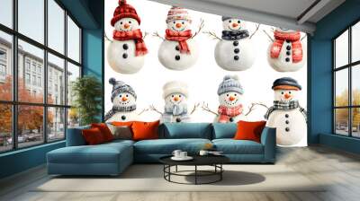 Snowman cute cartoon watercolor Illustration collection isolated on white. Cheerful snowmen in different costumes. Winter holidays set Wall mural