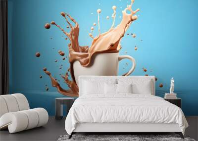 Splash of hot chocolate in a white mug isolated on pastel background Wall mural