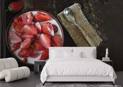 Strawberries with cream in a bowl. Summer healthy dessert. Wall mural