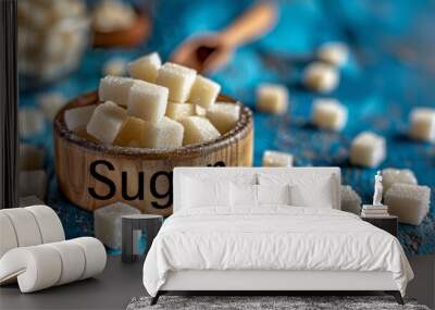 Sugar cubes in a wooden bowl on a blue rustic table. Macro shot for food and drink design. Wall mural