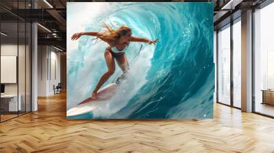 Surfer girl swims on surfboard on waves of sea in summer Wall mural