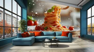 Tasty appetizing classic Italian spaghetti pasta with tomato sauce, cheese parmesan and basil on plate, taking with fork Wall mural