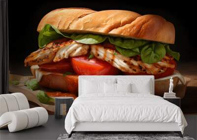 Tasty sandwich, panini with grilled chicken, tomato and basil Wall mural