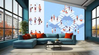 Teamwork, cooperation. Office people.Isometric people vector set.  Isometric office workspace with people working together. Coworking. Flat vector illustration.	 Wall mural