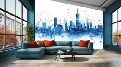 Technology city with skyscrapers flat abstract blue illustration isolated on white background Wall mural