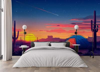 Tent in the desert at sunset with stars in the sky. Wall mural