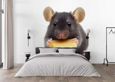 Tiny cute mouse holding a piece of cheese isolated on white background Wall mural