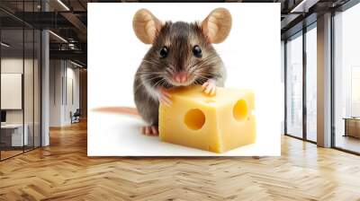 Tiny cute mouse holding a piece of cheese isolated on white background Wall mural