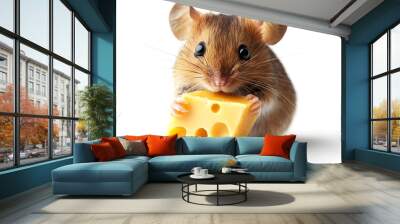 Tiny cute mouse holding a piece of cheese isolated on white background Wall mural