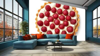 Top view tart cake with white cream and fresh raspberries isolated on white background Wall mural