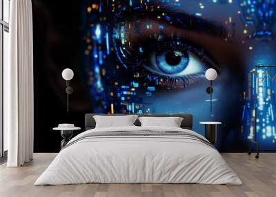 Futuristic portrait of an AI girl in blue colors. Artificial intelligence, microcircuits. Wall mural