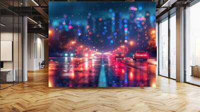 Two cars on a rainy road at night with city lights in the background. Bokeh effect photography. Urban nightlife and transportation concept. Wall mural