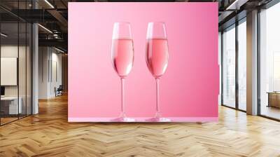 Two elegant champagne glasses with pink sparkling wine, clinking on a monochrome background. Wall mural