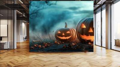 Two smiling Jack-o'-lanterns in foggy night setting Wall mural