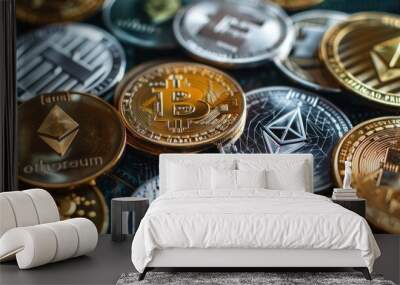 Various types of cryptocurrencies close-up Wall mural