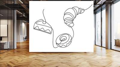 Vector desserts set. French croissant, piece of cake, doughnut one line continuous drawing. Hand drawn linear icon. Outline design, print, banner, card, wall art poster, brochure, menu, product logo. Wall mural