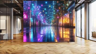 Vibrant city street decorated with festive lights Wall mural