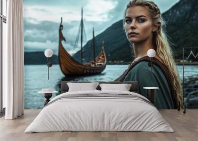 Viking woman in green dress with ship in background Wall mural