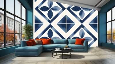 Vintage Blue geometric pattern design with ornamental element. Traditional Portuguese azulejo motifs. Wall mural