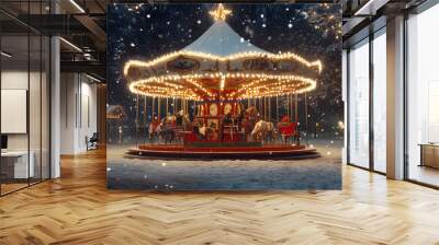 Vintage illuminated carousel spinning at night in amusement park during christmas holidays Wall mural