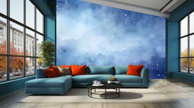 Watercolor blue sky color background with clouds and sparkling. Galaxy, universe, blue watercolor background Wall mural