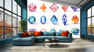 Watercolor crystal gems set. Hand drawn illustration isolated on white background Wall mural