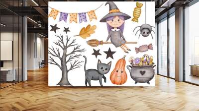 Watercolor cute Halloween illustration. Cute witch and pumpkins. Halloween  attributes. Spooky Halloween clipart. Wall mural