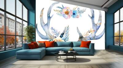 Watercolor deer horns with flowers isolated on white.Boho design. Tribal decorative Wall mural