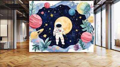 Watercolor drawing set with cartoon space rocket, isolated on white background Wall mural