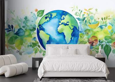 Watercolor Earth illustration. Hand drawn watercolor planet with green leaves. Earth Day Wall mural