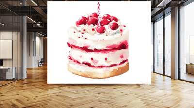 Watercolor illustration of a birthday cake topped with red berries and candles, isolated on a white background Wall mural