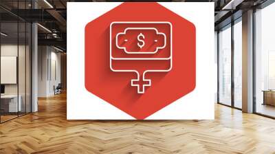 White line Money growth woman icon isolated with long shadow background. Income concept. Business growth. Investing, savings and managing money concept. Red hexagon button. Vector Wall mural