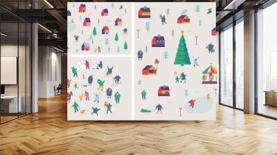 Winter outdoor activities vector set. Winter season background people characters. People have fun. Flat vector illustration. Wall mural