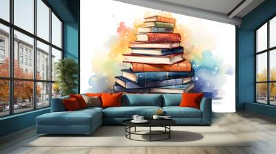 World book day concept. Watercolor Illustration with stack of books  Wall mural